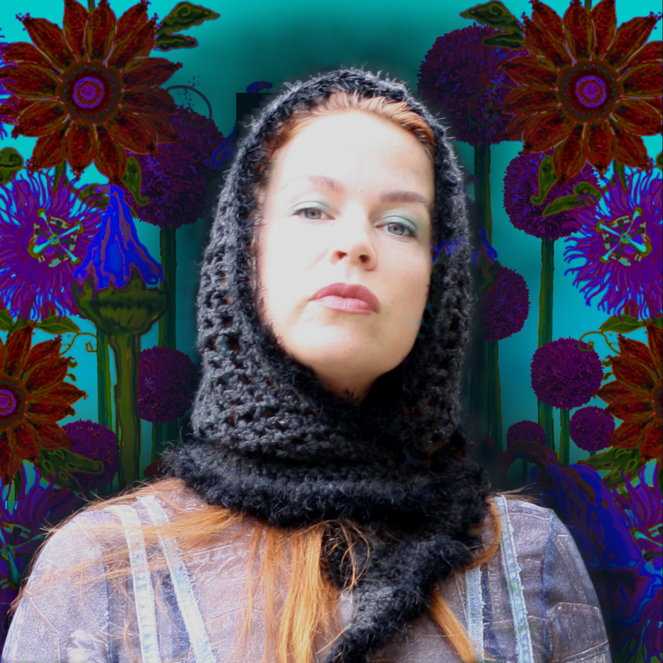 hooded scarf wool black with fur